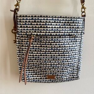Fossil Leather-Trim Navy & White Pattern Crossbody Bag